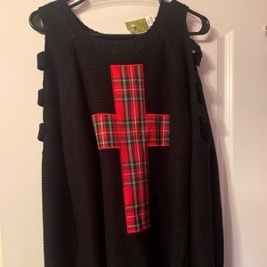 Plaid Cross open sleeve black sweater